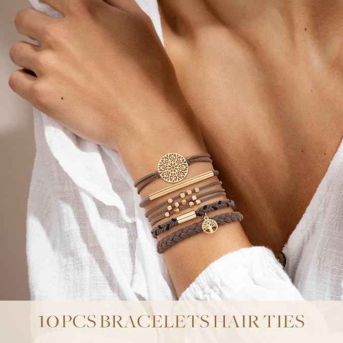 10 PCS Boho Hair Ties - No-Damage, 5 Styles for Thick & Thin Hair, Cute Stretch Bracelets, Braided Ponytail Holders, Grey