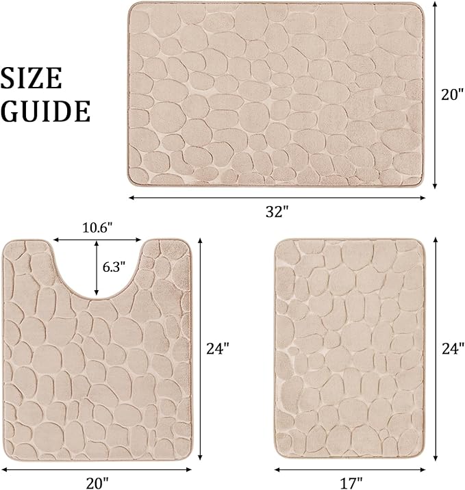 YIHOUSE Bathroom Rugs Mat Set 3 Piece Khaki, Memory Foam Bath Mats Sets, Non Slip Water Absorbent Washable Bath Rugs for Sink, Toilet and Floor