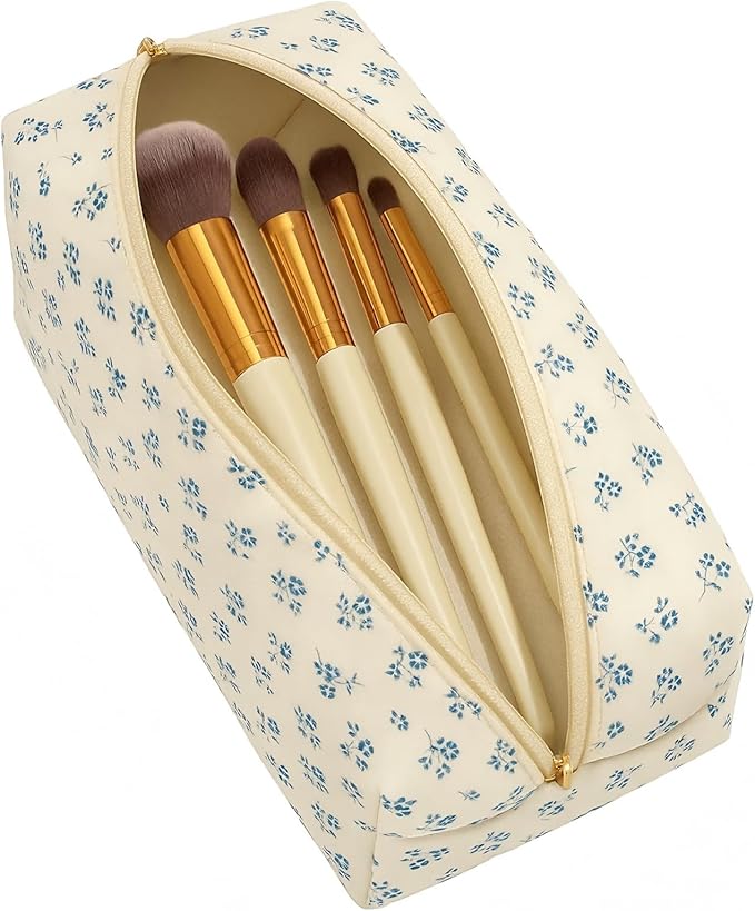 Floral Quilted Cotton Makeup Bag for Women, Large Capacity Travel Cosmetic Pouch with Zipper, Cute Toiletry & Brush Organizer, Kawaii Makeup Storage Case – Navy Floral