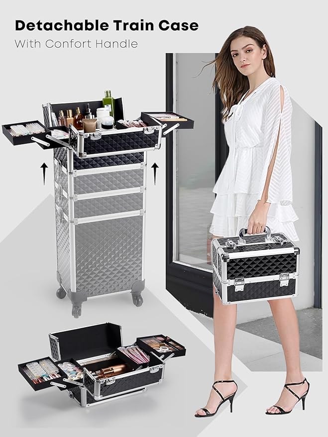Adazzo 4 in 1 Rolling Makeup Case Cosmetic Train Case Trolley Roll Travel Box for Makeup Artist, Hairstylists, Nail Tech Makeup Cart with Key Swivel Wheels Barber Case Traveling Trunk Black