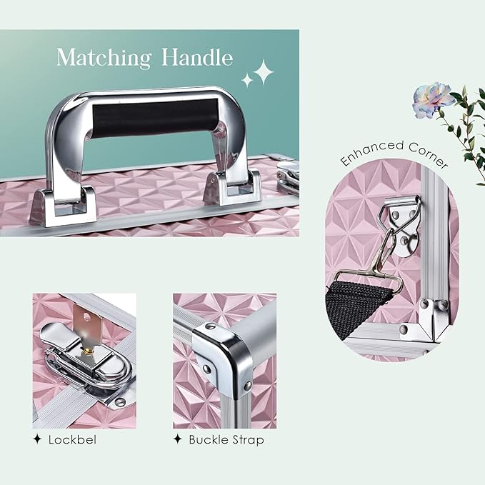 Joligrace Makeup Train Case Professional Cosmetic Organizer Aluminum Storage Box with 4 Adjustable Dividers Trays Lockable Portable with Shoulder Strap