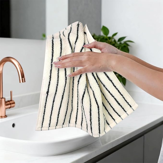 Jacquotha Striped Cotton Washcloths 12 Pack, 13” x 13” - Soft Wash Cloths for Bathroom, Kitchen, Gym, Face, Black and Cream