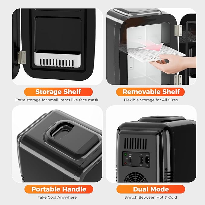 Mini Fridge, 4 Liter/6 Can Mini Makeup Fridge, 110V AC/ 12V DC Portable Thermoelectric Cooler&Warmer for Skincare, Drink, Cosmetic, Medicine, Small fridge for Bedroom, Office, Dorm, Car, Black