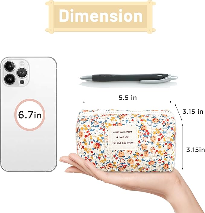 Floral Makeup Bag Small Cotton Quilted Cosmetic Bag Organizer, Aesthetic Cottagecore Preppy Portable Pouch Purse Toiletry Bag for Women Girls Travel accessories (Red Floral-S)
