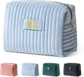 COSHAYSOO Bridesmaid Proposal Engagement Gifts Bridal Shower Bachelorette Party Favors Makeup Bag Quilted Make Up Cosmetic Pouch for Bride to Be Maid of Honor Godmother Dusty Blue Initial Letter E