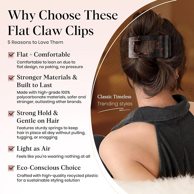 4 PCS Flat Hair Clips for Women Girls, French Square Lay Down Claw Clips for Thick Thin Hair, Comfortable Curved Large Flat Clip, Leopard Print Stylish Strong Hold Hair Accessories, Tortoise