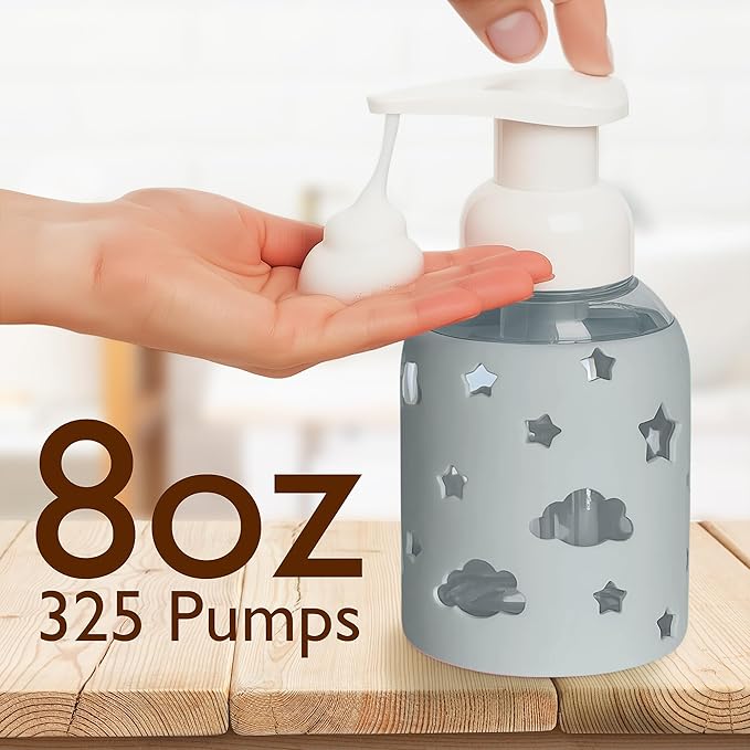 SoCal Suds & Company Foaming Hand Soap Dispenser Glass, Liquid Soap Pump with Cloud & Star Sleeve, Refillable Bottle for Kids, Baby Wash & Shampoo, Ideal for Bathroom & Kitchen Use, Light Grey, 8oz