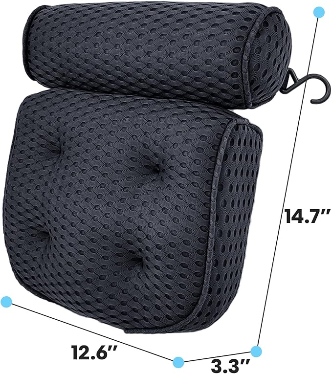 AEROiVi Luxury Bath Pillows for Tub，Bath Pillow Bathtub Pillows for Head and Neck Support Bath Cushion Made from Soft Spacer Mesh Material with Suction Cups,Black