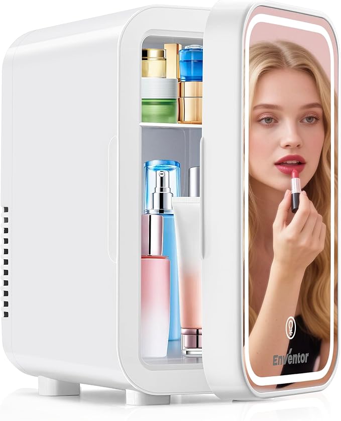 Enventor Mini Skincare Fridge Small Refrigerator for Bedroom, Beauty Fridge for Makeup with Dimmable LED Mirror, 6 L / 8 Cans Compact Portable Cooler for College Dorm, Office, Car, White