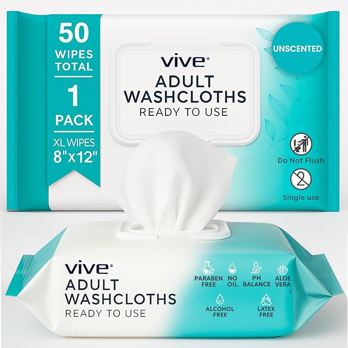 Vive Disposable Washcloths for Adults & Elderly (1 Pack - 50 Count - 8"x12") – Incontinence Wipes for Men & Women – Hypoallergenic No Rinse Adult Body Wipes for Sensitive Skin – Unscented