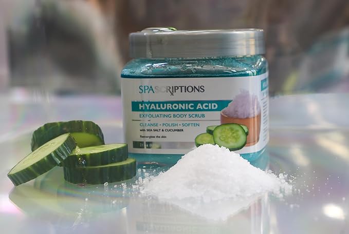 SpaScriptions Hyaluronic Acid Sugar Scrub - Hydrating Body Scrub Exfoliator with Seal Salt & Cucumber, Ideal for Dry & Rough Textured Skin, Helps Support Refershed, Hydrated & Smooth Skin, 21 oz