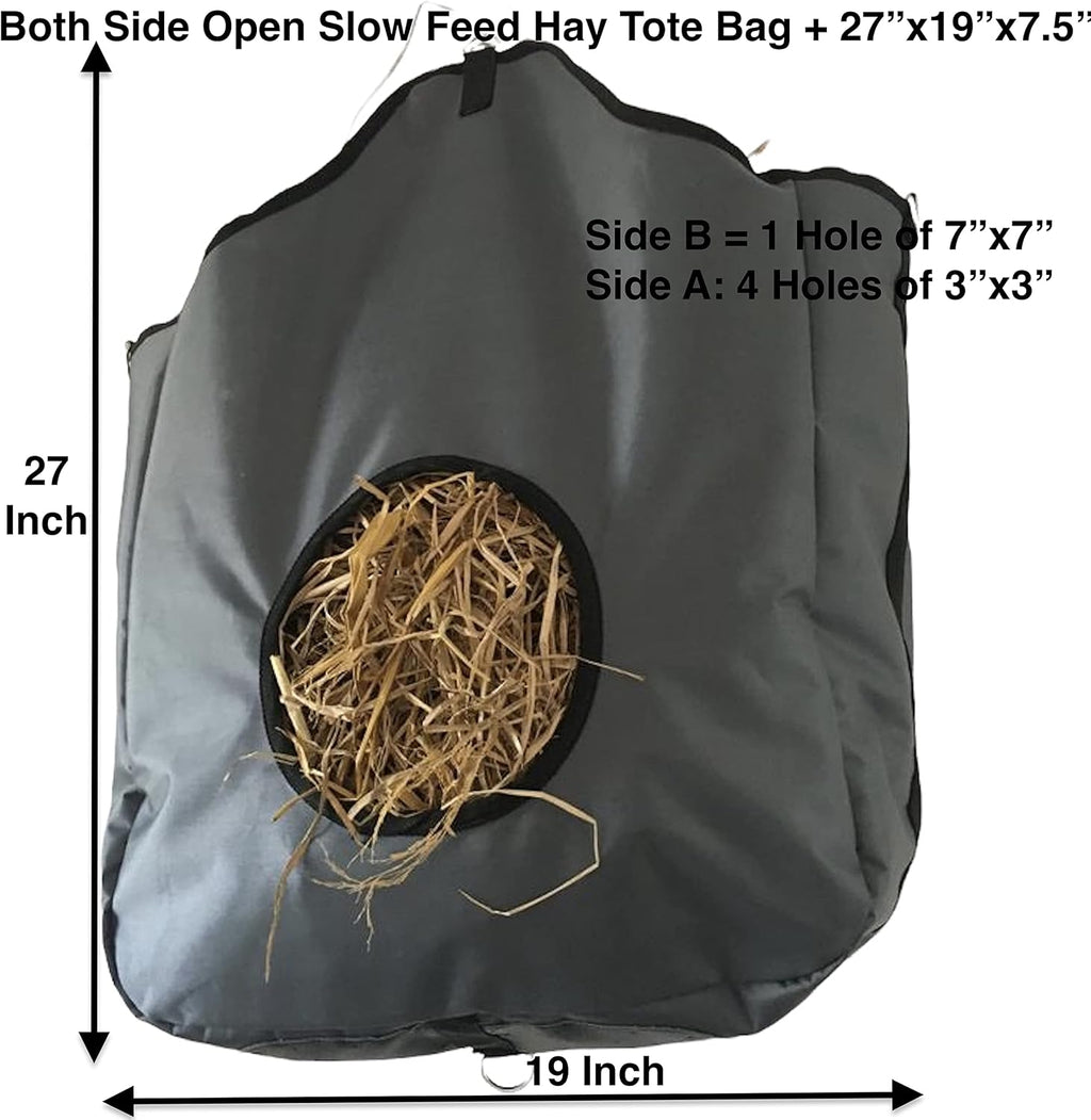 Majestic Ally Nylon Hay Feeder Tote Bag for Horse, Goat, Sheep - Double Sides Open Feed Hole with Faux Leather Ventilated Bottom- Premium Quality -Simulates Grazing - Reduces Waste (Dark Gray)