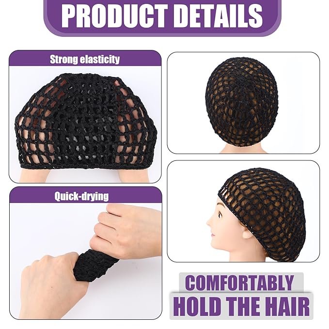 Geyoga 4 Pieces Mesh Crochet Hair Net Rayon Knit Snood Hat Thick Short Women Hairnet Snoods Cover Ornament for Sleeping (Black, Red, Skin, Purple)
