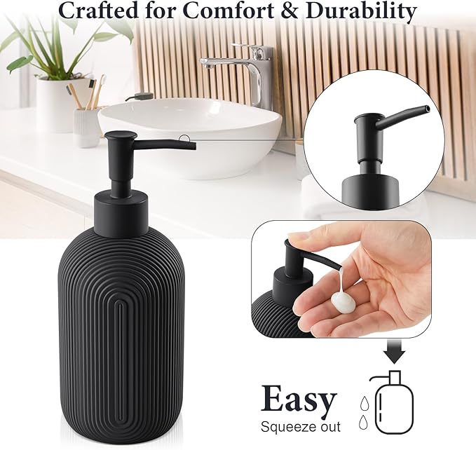 Bathroom Accessories Set - 7-Piece Resin Bathroom Set, Toothbrush Holders Set, Soap Dispenser, Qtip Holder Dispenser, Tumbler, Soap Dish & Tray, Modern Bath Decor for Home Dorm Hotel (Black)