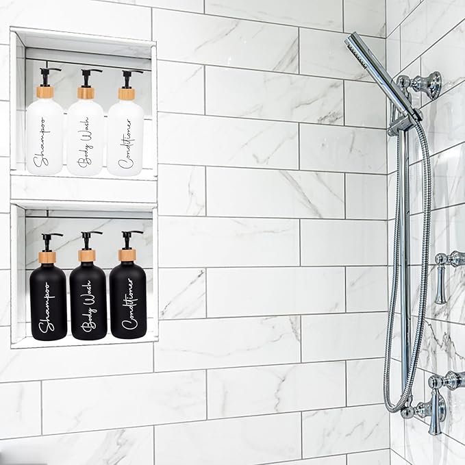 Glass Shampoo and Conditioner Pump Bottles Soap Dispenser Bamboo Pump Head Empty Glass Refillable Shampoo Conditioner Body Wash Soap Bottles for Bathroom, 17 oz, 3 Pack, Black