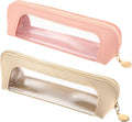2Pcs Clear Makeup Brush Bag, Leather Slim Makeup Case, Portable Transparent Waterproof Cosmetic Pouch with Zipper, Double Sided Clear Bag for Women Travel Storage (White, Pink)