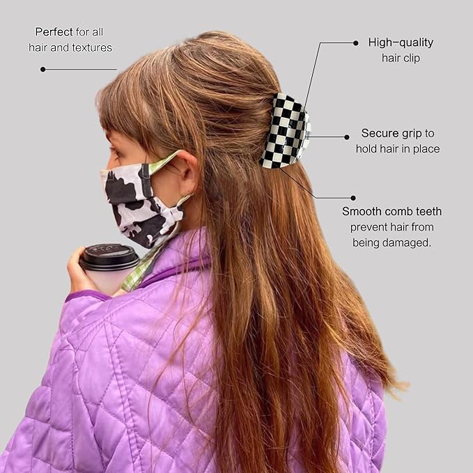 3 PCS Checkered Hair Claw Clips for Thick and Thin Hair Large Hair Clips Square Y2K Hair Checker Barrettes Black And White Checkered Jaw Clip Non Slip Checkerboard Clamps Hair Accessories for Women