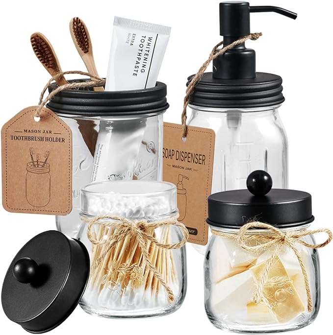 Amolliar Mason Jar Bathroom Accessories Set 4 Pcs -Lotion Soap Dispenser & 2 Cotton Swab Holders & Toothbrush Holder - Rustic Farmhouse Decor, Bathroom Home Decor, Perfect Decorating Idea (Black)