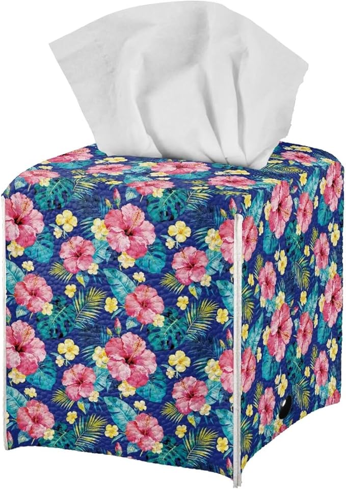 Tropical Flowers Tissue Box Cover, PU Leather Square Tissue Holder with Secure Metal Button, Waterproof and Stylish Napkin Dispenser for Home, Office, Car, and Bathroom Decor