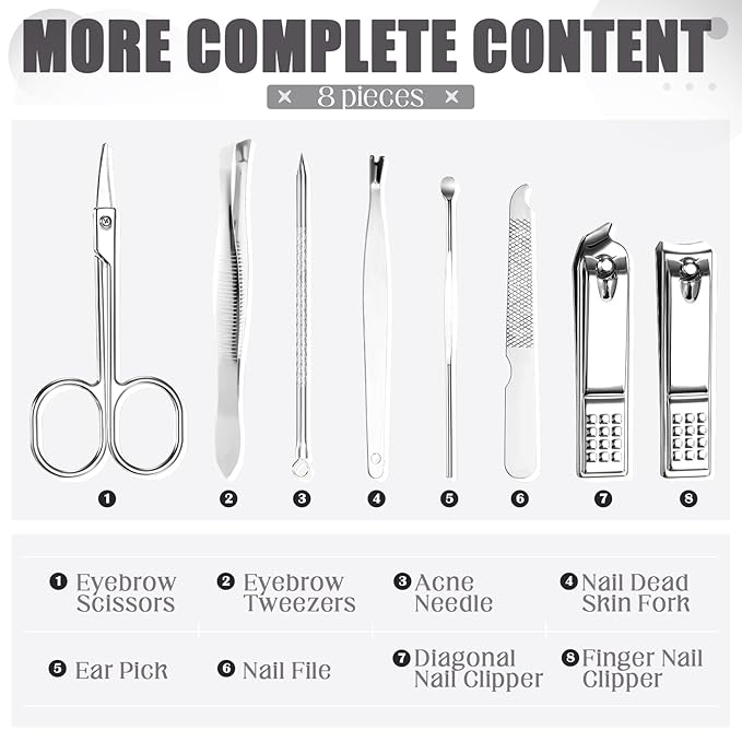 Geosar 12 Set 8 in 1 Manicure Set Stainless Steel Nail Clippers Kit Pedicure Care Tools with Leather Case Travel Grooming Kit Gift for Women Men Gift(Glitter Silver)
