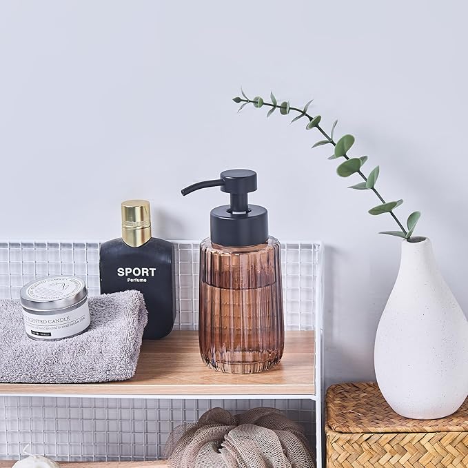 Easy Tang Glass Foaming Brown Soap Dispenser with Black Pump, 12 OZ Vintage-Inspired Modern Glass Refillable Bottle, Hand Soap for Bathroom Countertop and Kitchen