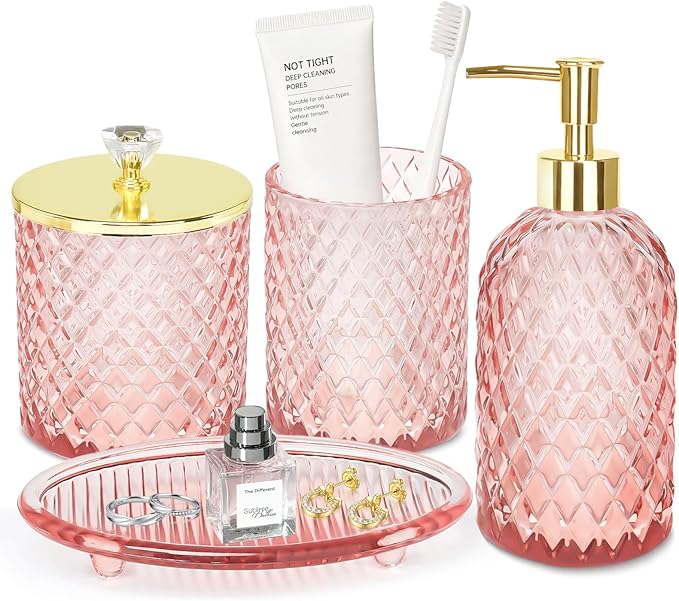 Jenseits Diamond Glass Bathroom Accessories Set 4 Pcs - Pink & Gold Bathroom Decor Set with Soap Dispenser, Toothbrush Holder, Qtip Jar, Vanity Tray - Luxury Gift for Women, Home Apartment Essentials