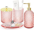 Jenseits Diamond Glass Bathroom Accessories Set 4 Pcs - Pink & Gold Bathroom Decor Set with Soap Dispenser, Toothbrush Holder, Qtip Jar, Vanity Tray - Luxury Gift for Women, Home Apartment Essentials