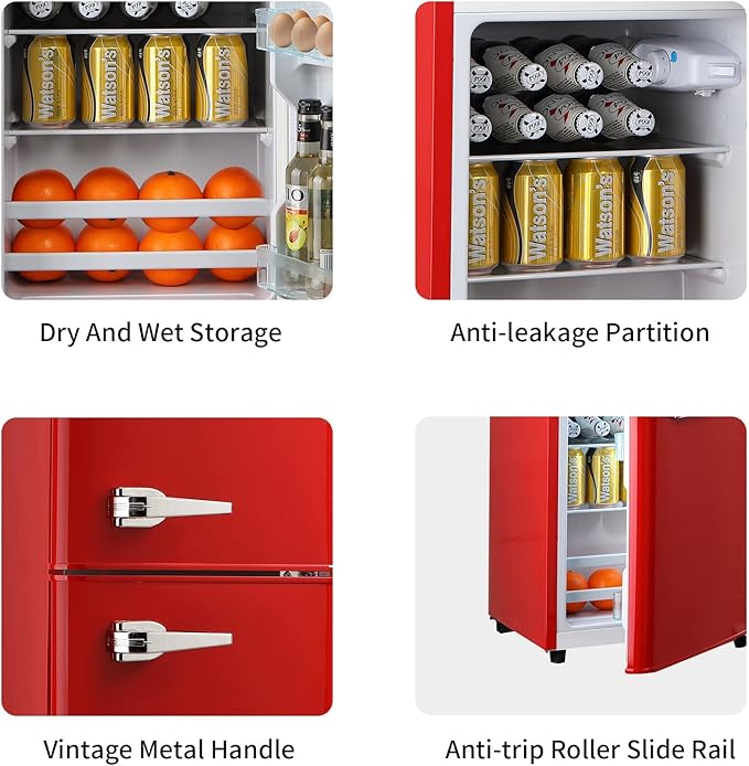 Mini Fridge With Freezer,Refrigerator With 2 Doors,7- Level Adjustable Thermostat, Removable Glass Shelves For Bedroom, Office, Kitchen, Apartment, Dorm, 3.5 Cu. Ft Red