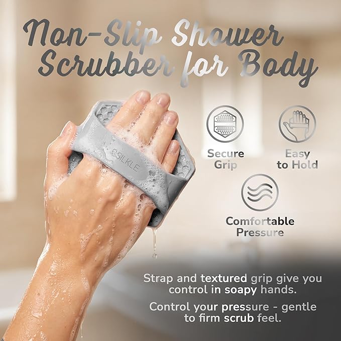 Silicone Body Scrubber – Gentle Exfoliating Shower Scrubber for Body & Bath, Silicone Shower Brush & Loofah Alternative – Non-Slip Silicone Body Brush, Quick Dry, Hygienic - Gray