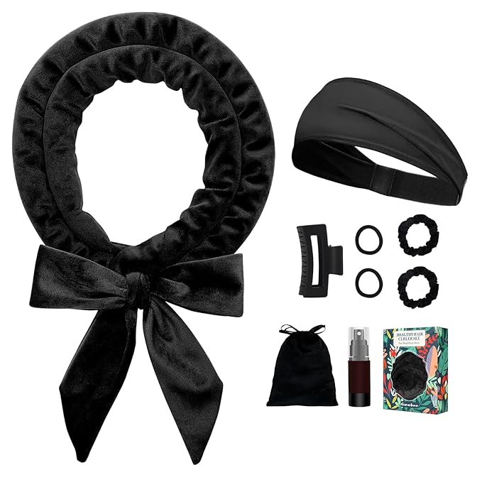 No Heat Curling Headband, 70" Soft Hair Curlers to Sleep In Overnight Curls Headband, No Heat Hair Curler Ribbon Curl Wrap for Long Hair Rollers, 9 PCS Curling Rods Set with Yoga Strap -Black