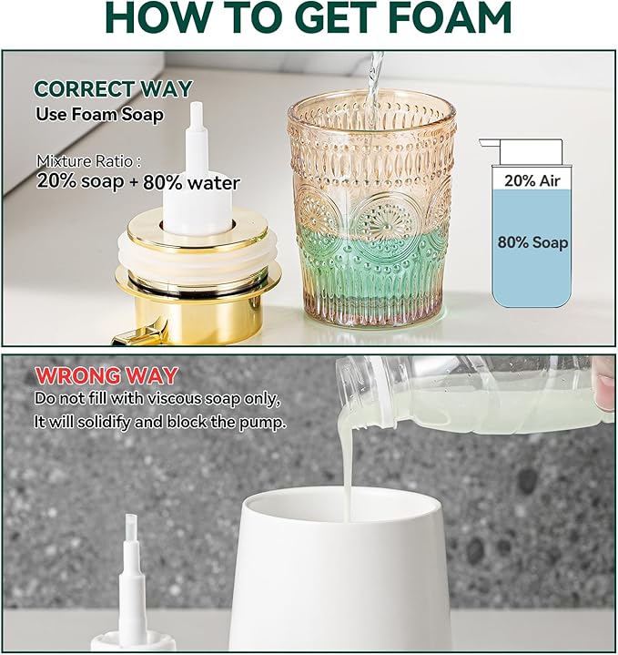 Gold Glass Foaming Soap Dispenser - Hand Soap Foam Dispenser for Bathroom, 10 OZ Refillable Dish Liquid Foam Hand Wash Dispenser for Kitchen