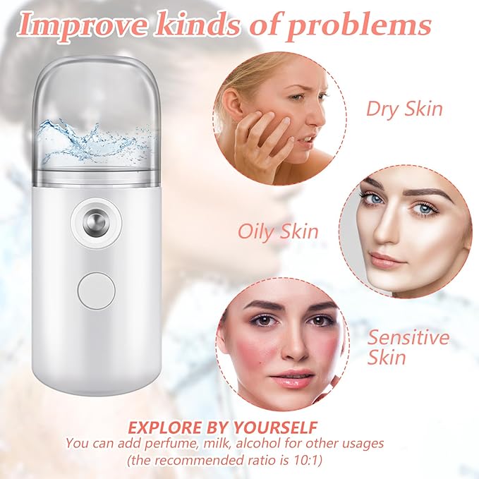 Mudder 4 Pcs Nano Facial Mister Handy Nano Mist Sprayer 30ml Visual Water Tank Portable Face Steamer Mini USB Mister for Lash Extensions, Skin Care, Makeup(White, Black, Light Pink, Pink)