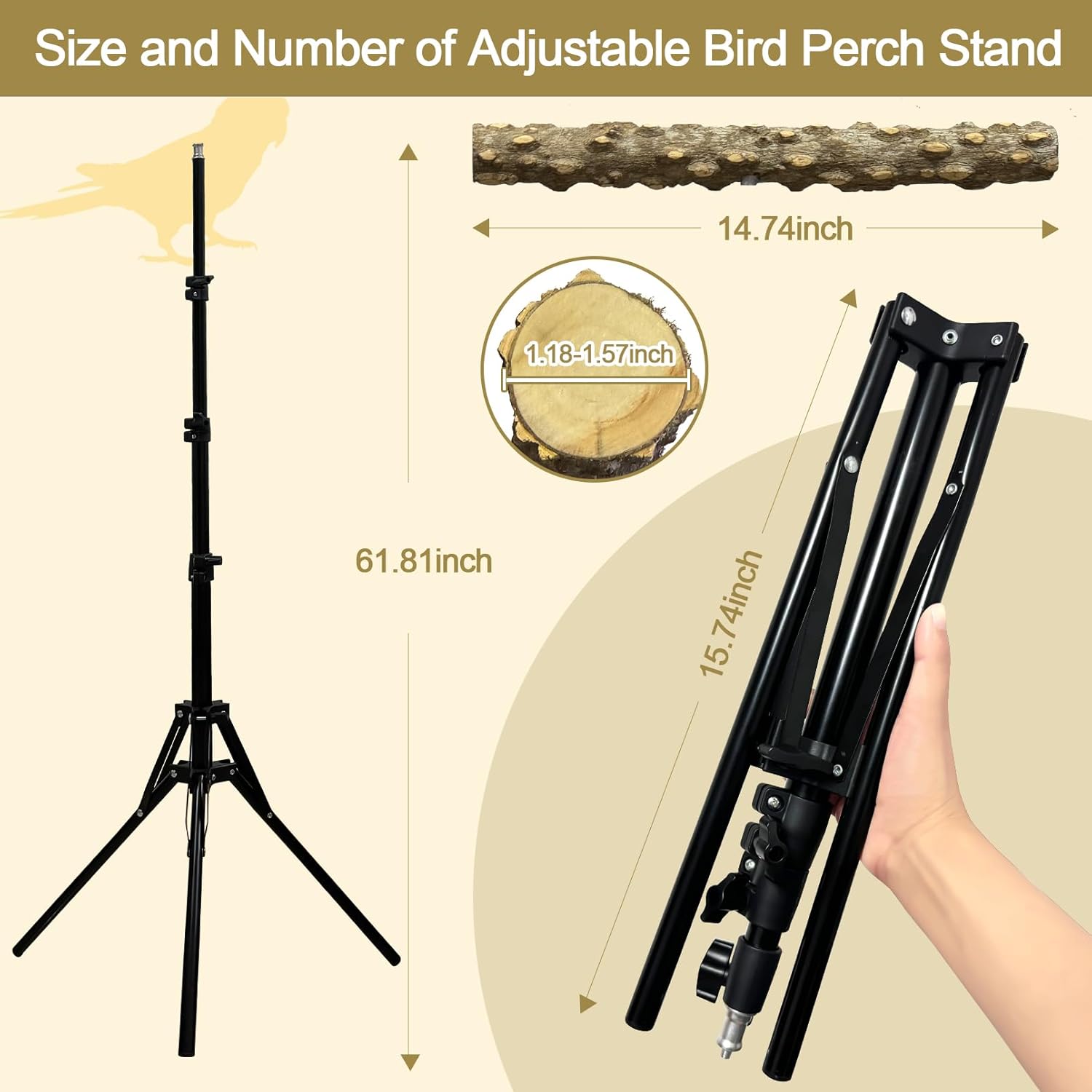 16-63 Inch Height Adjustable Bird Perch Pepper Wood Bird Training Perch Stand Parakeet Perches Indoor and Outdoor Parrot Stands for Small to Medium Bird