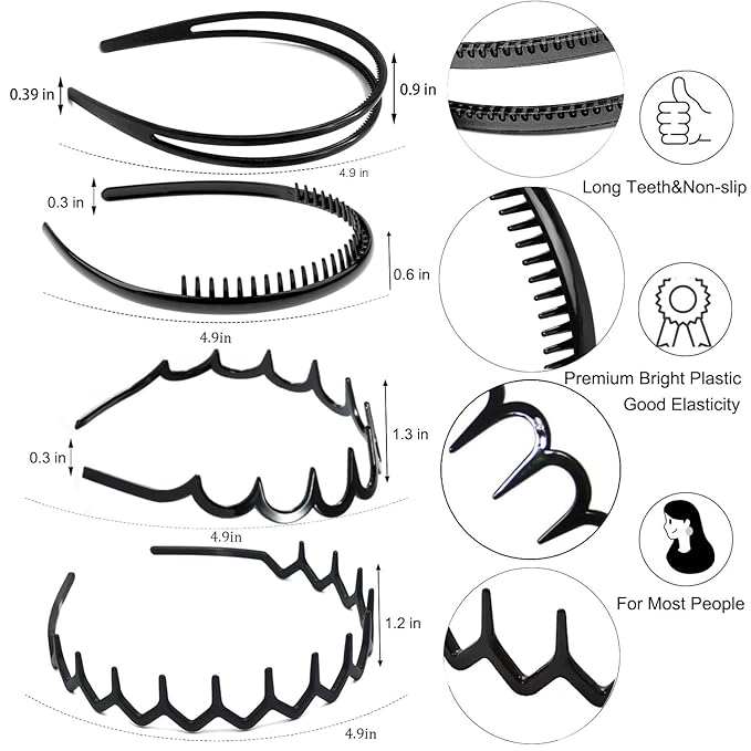 8 PCS Fashion Effortless Plastic Headbands with Teeth Comb Black Skinny Headbands No Slip Hair Accessories Bands for Women Men Teen Girls, Lacquered Black