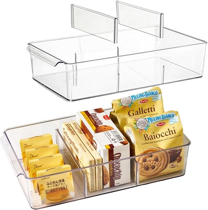 vacane Plastic Pantry Organization and Storage Bins with Removable Dividers, Pantry Organization Refrigerator Organizer Bins, Cabinet Organizers, 2 Pack 13.8" XL