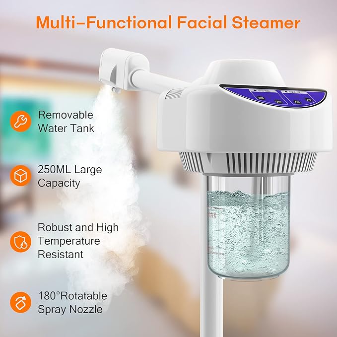 Kingsteam Professional Nano Ionic Facial Steamer on Wheels with Ozone Function, Standing Face Steamer for Deep Pore Care, Hydration, Home Spa & Salon Use