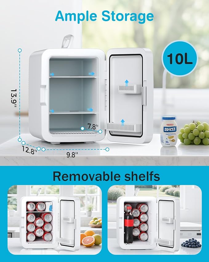Antarctic Star Compact Mini Fridge, 10L Portable Small Refrigerator, 2.6 Gal Mini Fridge with AC/DC Adapters, Small Cosmetics Cooler for Beverage, Food, Makeup, Bedroom, Office, Dorm, White