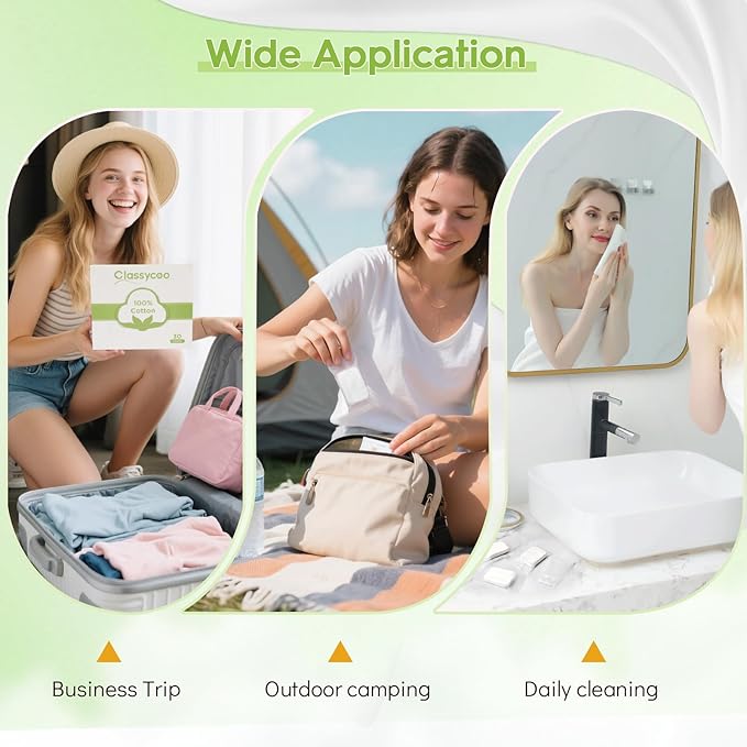 Classycoo Compressed Towel- Pure Cotton Disposable Face Towel, Mini Ultra-Soft Coin Portable Tissue Cleansing Camping Tablet for Travel, Hiking, Beauty, Sport, Hand Wipes, Outdoor,Green