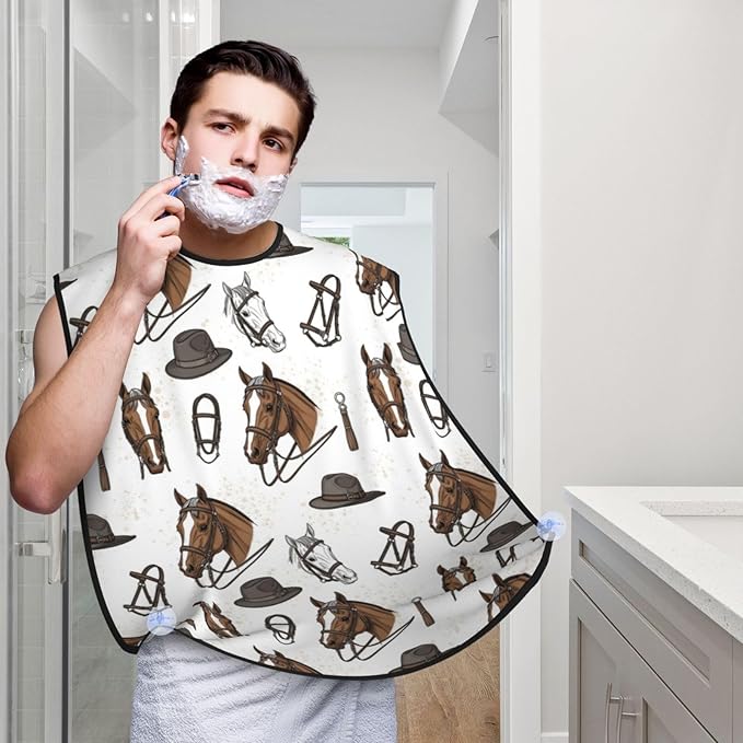 Beard Shaving Cape with Suction Cups, White Horse Watercolor Art Racing Vintage Shave Bib, Non-Stick Waterproof Hair Catcher, Grooming Bib for Men Husband
