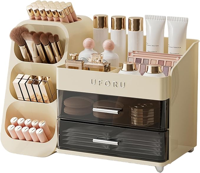 Makeup Organizer for Vanity with Brush Holder, Countertop Skincare Organizer with 2 Drawers, Spacious Cosmetic Display Case for Perfumes, Eyeshadow Palettes, Nail Polishes