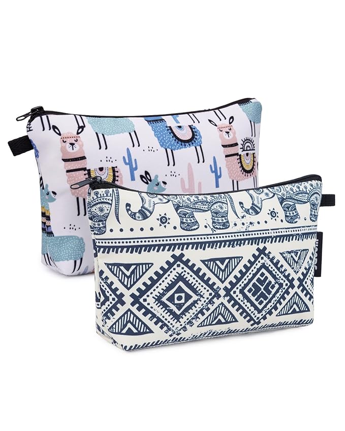 WANDF Cosmetic Bag for Women Makeup bag Organizer Mini Makeup Pouch for Purse Water Resistant Girls Gift(2pcs Alpacas+Elephant)