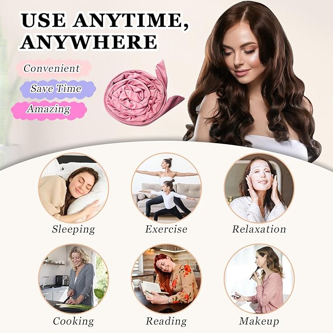 No Heat Overnight Curl Headband, 70" Soft Ribbon Curl Wrap for Long Hair - 9 PCS Rods Set with Bonnet, Pink