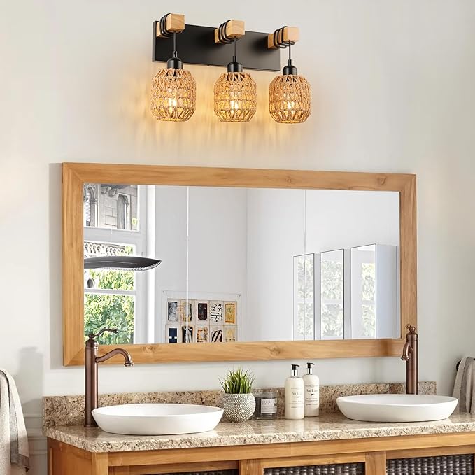 Bathroom Vanity Light Fixtures, 3-Light Farmhouse Bathroom Light Over Mirror, Rustic Boho Wood Sconces Wall Lighting with Woven Lampshade for Living Room, Bedroom, Hallway