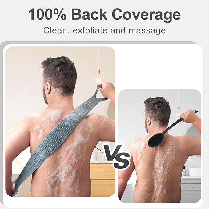 Silicone Back Scrubber for Shower Men, Dual-Sided Back Exfoliator Washer Scrub Strap - 100% Back Coverage to Clean, Exfoliate and Massage, Hygienic, Durable and Easy to Clean, Grey - 36 Inch