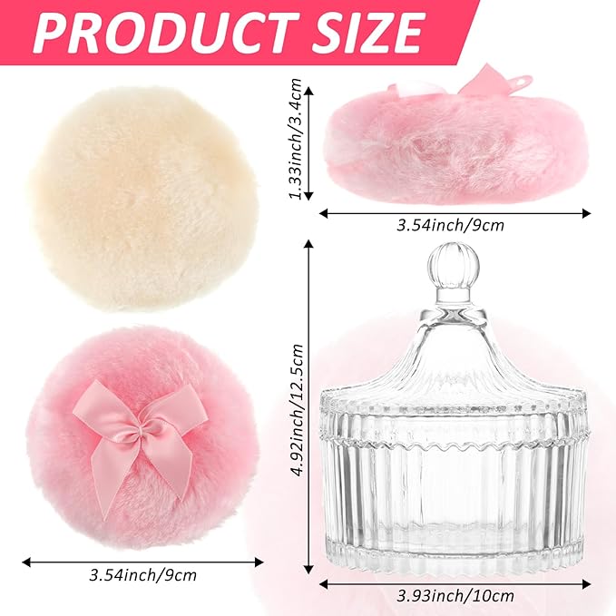 3 PCS Large Body Powder Puff and Container Powder Container with 2 Pcs 3.54 Inch Puff Soft Velour Reusable Washable Crystal Case Valentine's Day Gift for Face Body Glitter Makeup Wet Dry Use
