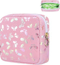 Period Bag Pouch, Leather Sanitary Napkin Storage Bag for Girls Womens, Portable Sanitary Napkin Period Pad Pouch Bag for Purse, Small Make Up Bags(Pink Butterflies)