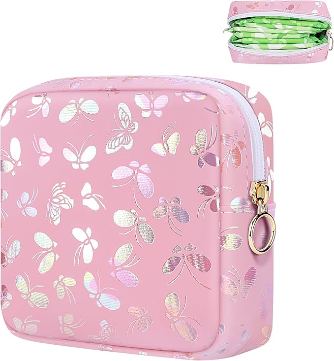 Period Bag Pouch, Leather Sanitary Napkin Storage Bag for Girls Womens, Portable Sanitary Napkin Period Pad Pouch Bag for Purse, Small Make Up Bags(Pink Butterflies)
