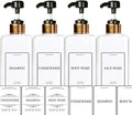 Empty Plastic Square Bottles Pump Shampoo Conditioner Body Wash Face, in Shower Bathroom Dispenser, Waterproof Permanent Labels, 27oz 800ml Set of 4 (White Plastic, Gold Black Pump)