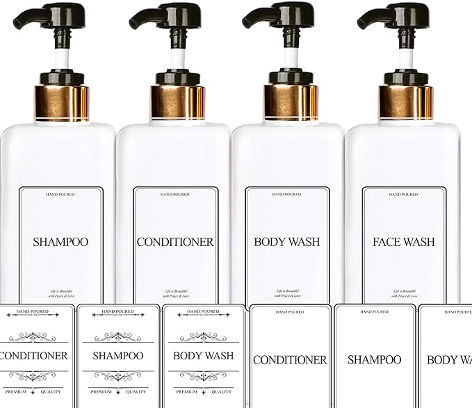Empty Plastic Square Bottles Pump Shampoo Conditioner Body Wash Face, in Shower Bathroom Dispenser, Waterproof Permanent Labels, 27oz 800ml Set of 4 (White Plastic, Gold Black Pump)