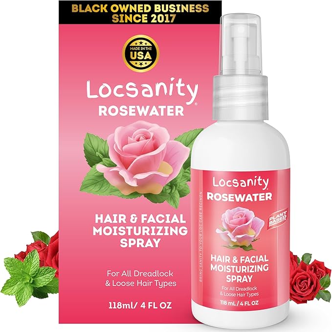 Locsanity Pure Rosewater Hair and Facial Spray – Trial Size Hydrating Face Mist to Soothe, Refresh, and Rejuvenate Skin, Reduce Oil and Buildup (4oz)